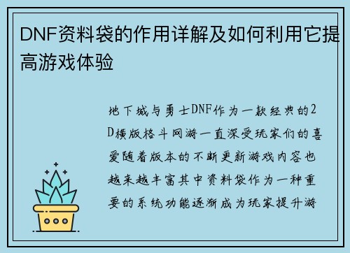 DNF资料袋的作用详解及如何利用它提高游戏体验