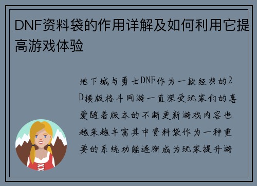 DNF资料袋的作用详解及如何利用它提高游戏体验